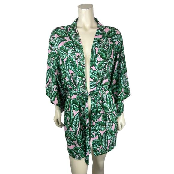 Kenny Flowers Beverly Hills Kimono Coverup Size S Leaf Print Green Pink Tie Swim - Picture 1 of 12